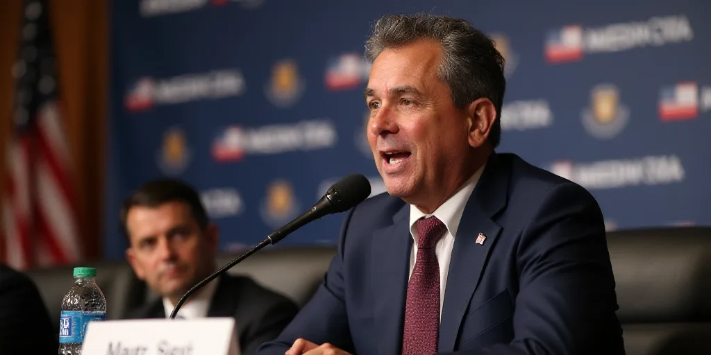 a man in a suit and tie speaking into a microphone at a press conference table with american society