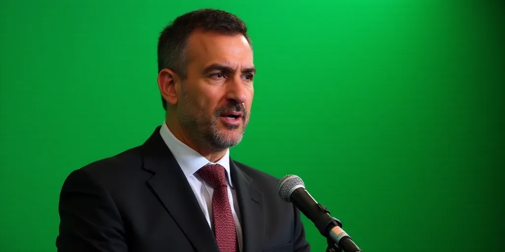 a man in a suit and tie speaking into a microphone with a green background and a green wall behind h