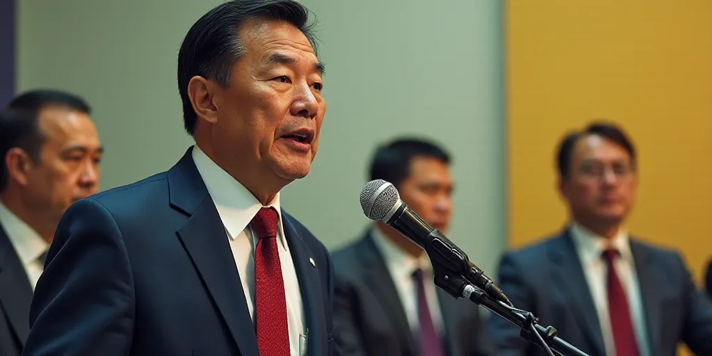 a man in a suit and tie speaking into a microphone while two other people watch from behind him and
