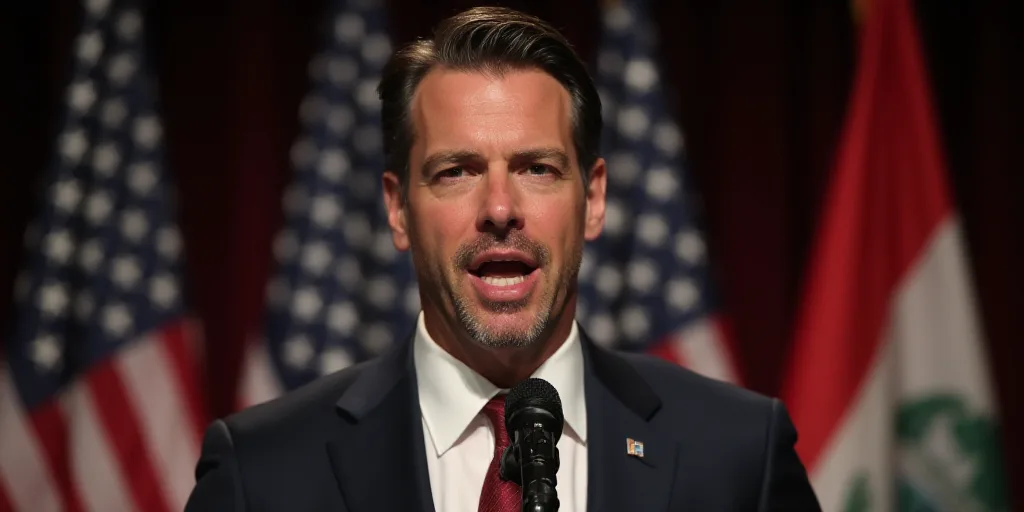 a man in a suit and tie speaking into a microphone in front of flags and a microphone stand with a m