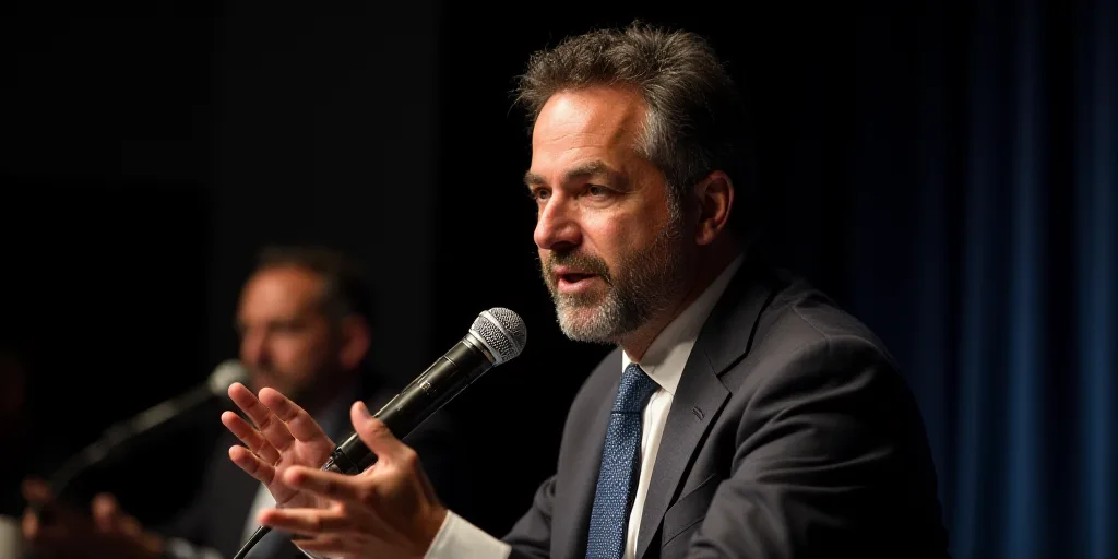 a man in a suit and tie speaking into a microphone with his hands out in front of him and a micropho