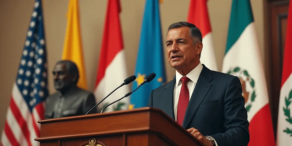 a man in a suit and tie speaking at a podium with flags behind him and a statue behind him, Carlos F