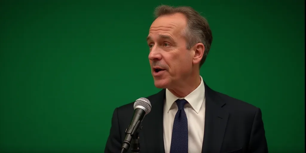 a man in a suit and tie speaking into a microphone with a green background behind him and a micropho