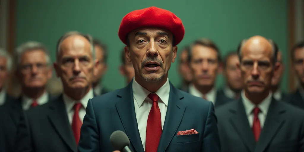 a man in a suit and tie speaking into a microphone with other men in the background behind him and a