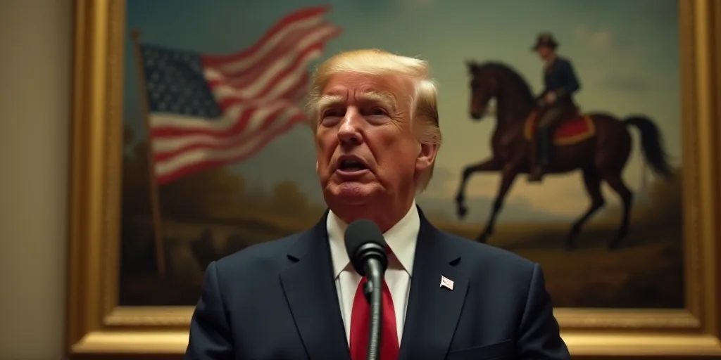 a man in a suit and tie speaking into a microphone in front of a painting of a horse and a flag, Don