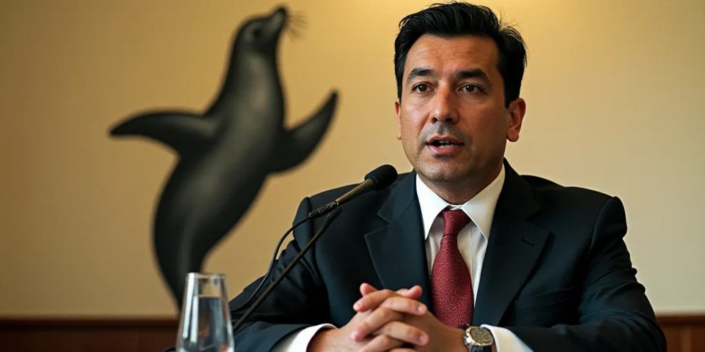 a man in a suit and tie speaking into a microphone with a seal on the wall behind him and a seal on