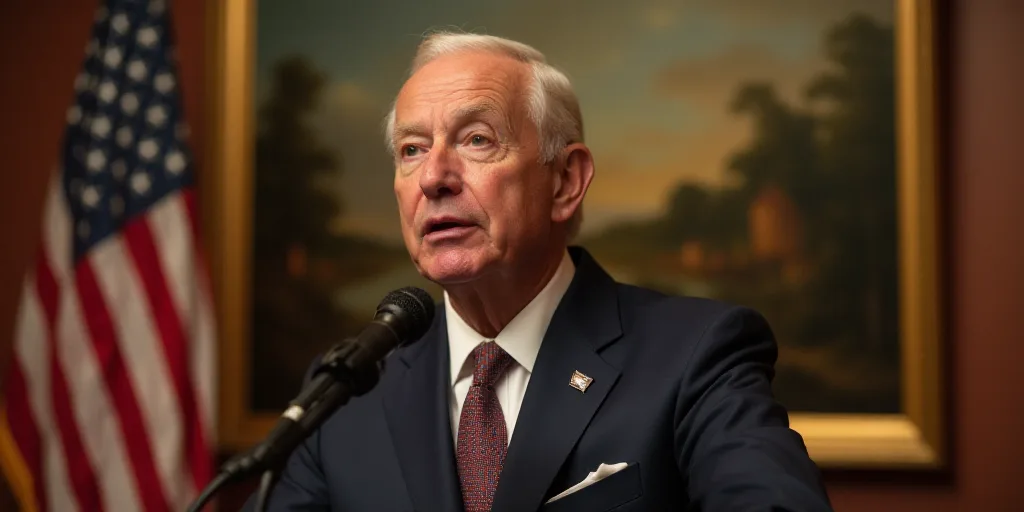 a man in a suit and tie speaking into a microphone in front of a painting and a flag in the backgrou