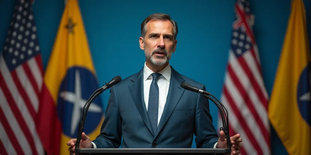 a man in a suit and tie speaking into a microphone with flags behind him and a blue and yellow banne