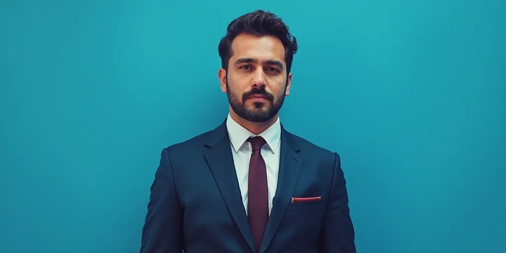 a man in a suit and tie standing in front of a blue background with a caption that reads, louis migu