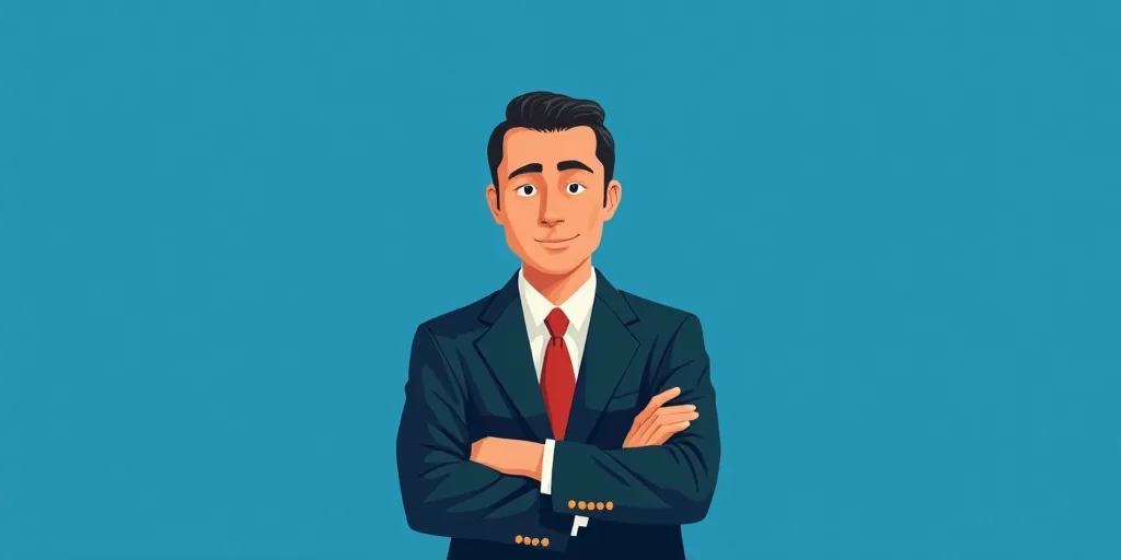 a man in a suit and tie standing with his arms crossed in front of him, with a blue background, Carl