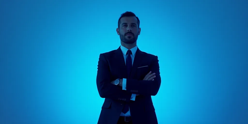 a man in a suit and tie standing with his arms crossed in front of him with a blue background, Estua