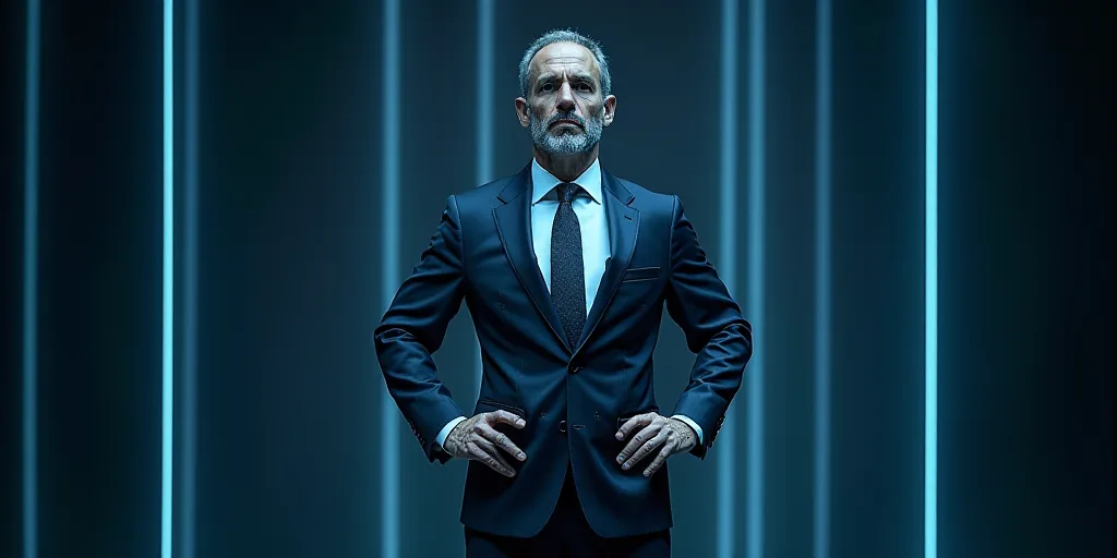 a man in a suit and tie standing at a podium with his hands on his hips and his hands on his hips, B