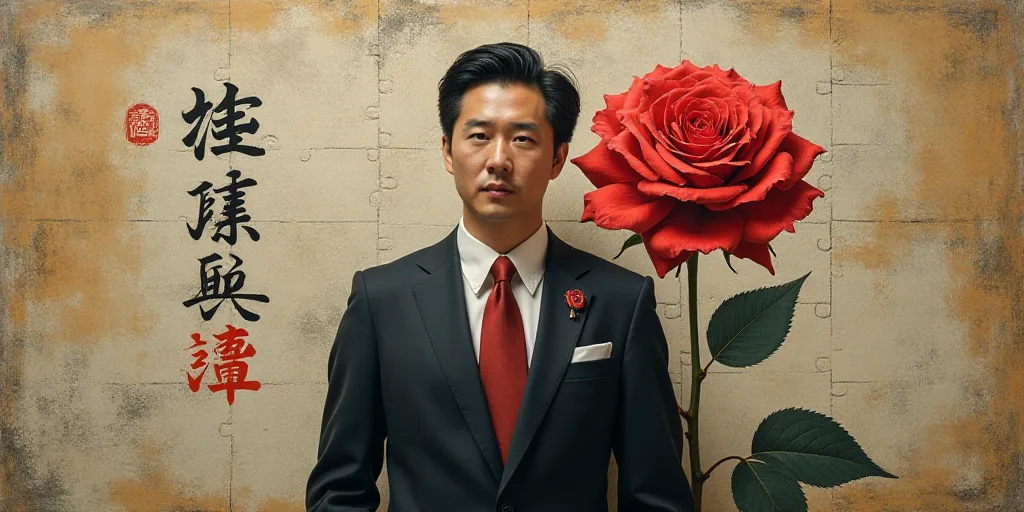 a man in a suit and tie standing in front of a wall with chinese writing on it and a red rose, Baiō