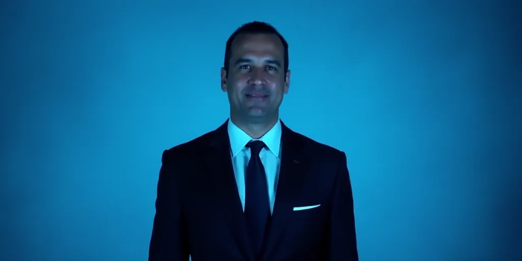 a man in a suit and tie standing in front of a blue background with a caption that reads miguel gonz