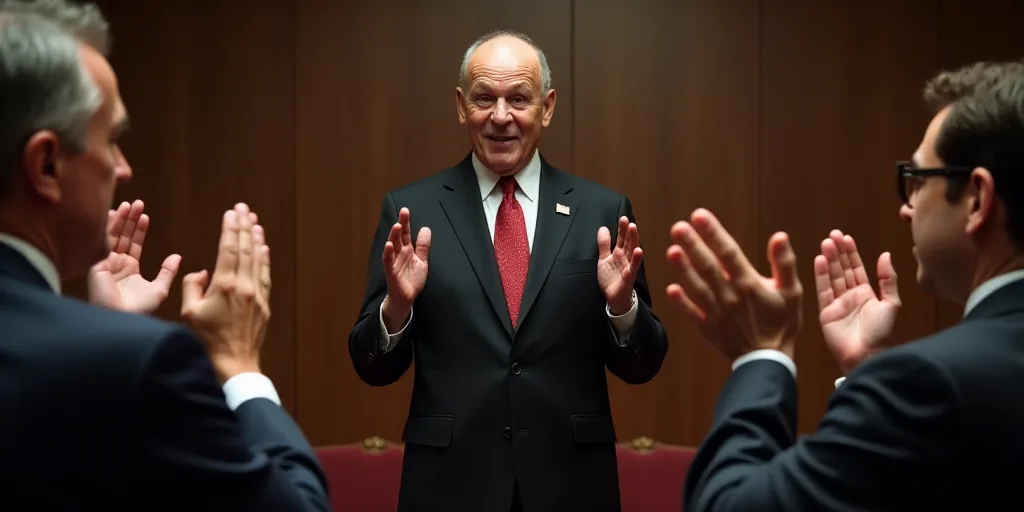 a man in a suit and tie standing in a room with other people clapping and clapping hands in front of