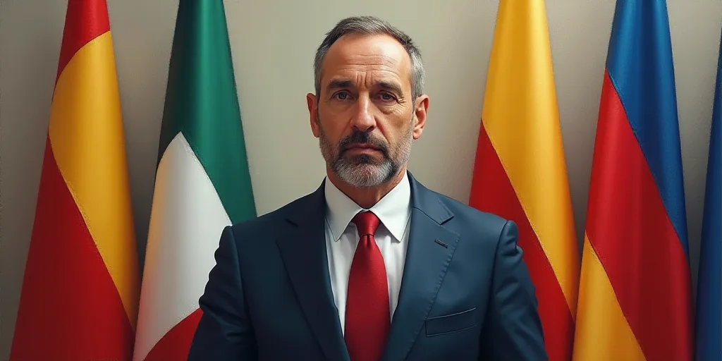a man in a suit and tie standing in front of flags of different colors and sizes, with a serious loo