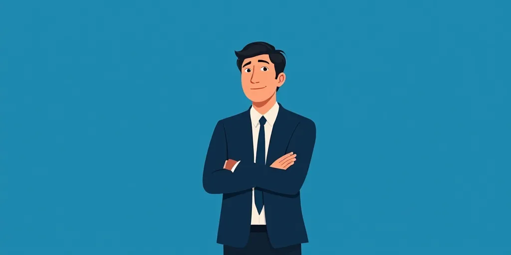 a man in a suit and tie standing with his arms crossed in front of him, with a blue background, Carl