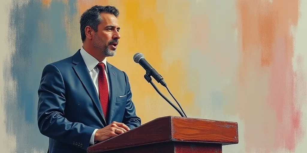 a man in a suit and tie standing at a podium in front of a microphone and a microphone stand, Bernat