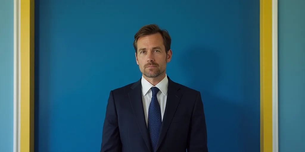 a man in a suit and tie standing in front of a blue background with a white and yellow border, Edwar