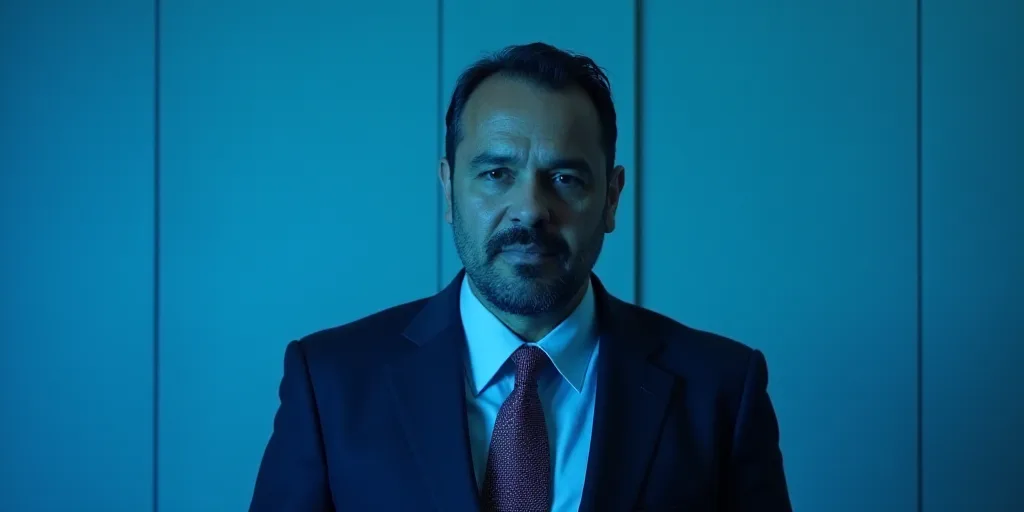 a man in a suit and tie standing in front of a blue background with a caption that reads miguel gonz