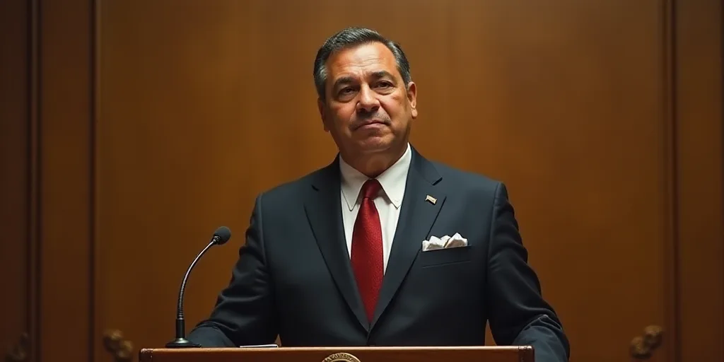 a man in a suit and tie standing at a podium with a microphone in front of him and a brown wall behi