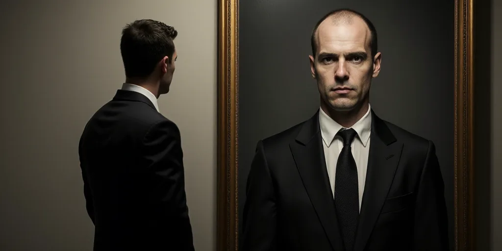 a man in a suit and tie standing next to a poster of a man in a suit and tie, Andries Both, eerie, a