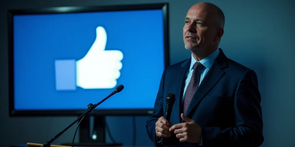 a man in a suit and tie standing in front of a screen with a facebook logo on it and a microphone, C
