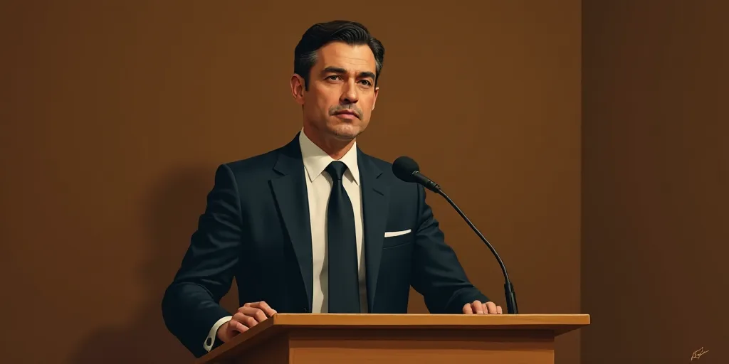 a man in a suit and tie standing at a podium with a microphone in front of him and a brown wall behi