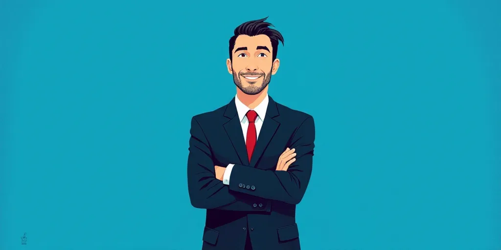 a man in a suit and tie standing with his arms crossed in front of him, with a blue background, Carl