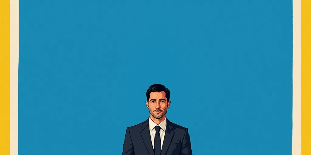 a man in a suit and tie standing in front of a blue background with a white and yellow border, Carlo