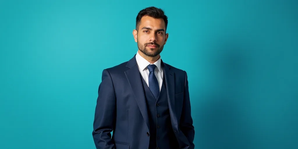 a man in a suit and tie standing in front of a blue background with a black and white photo, Alejand