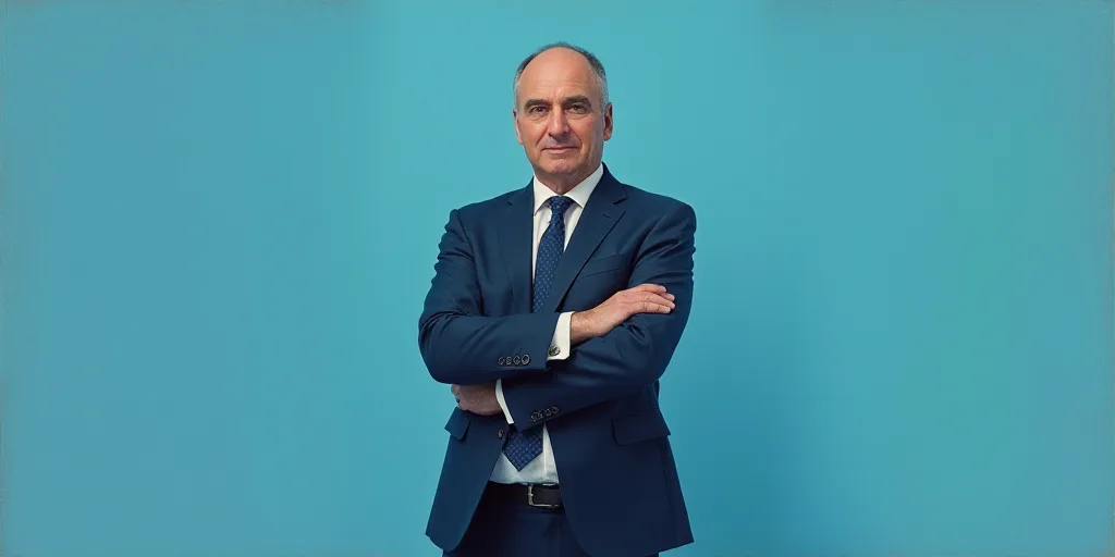 a man in a suit and tie standing with his arms crossed in front of him with a blue background, Anton