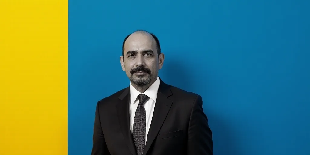 a man in a suit and tie standing in front of a blue background with a yellow border and a black and