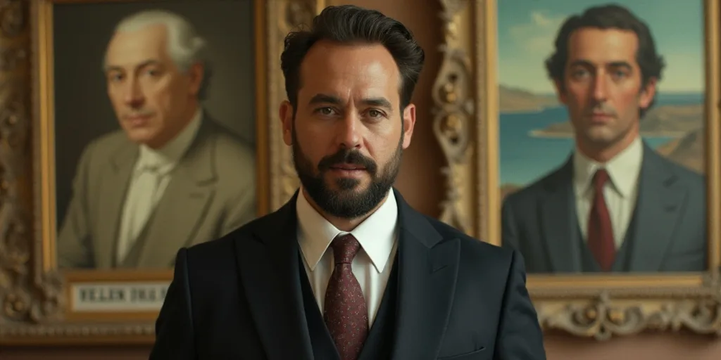 a man in a suit and tie standing in front of a sign with a picture of a man on it, Diego Velázquez,