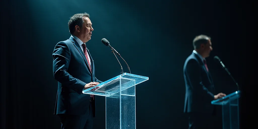 a man in a suit and tie standing at a podium with a microphone in front of him and a microphone in t