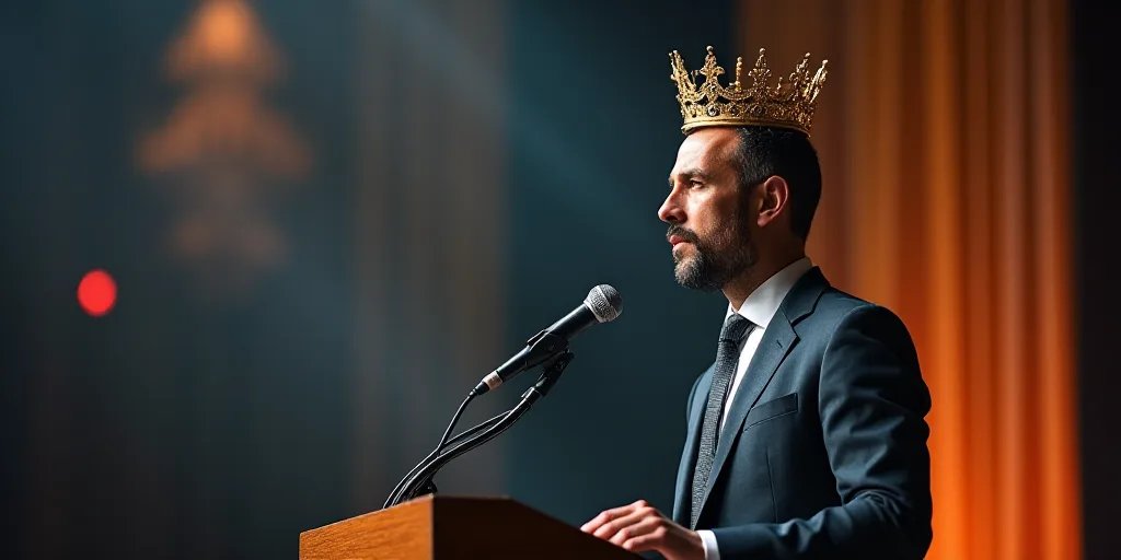 a man in a suit and tie standing at a podium with a microphone in front of him and a crown behind hi