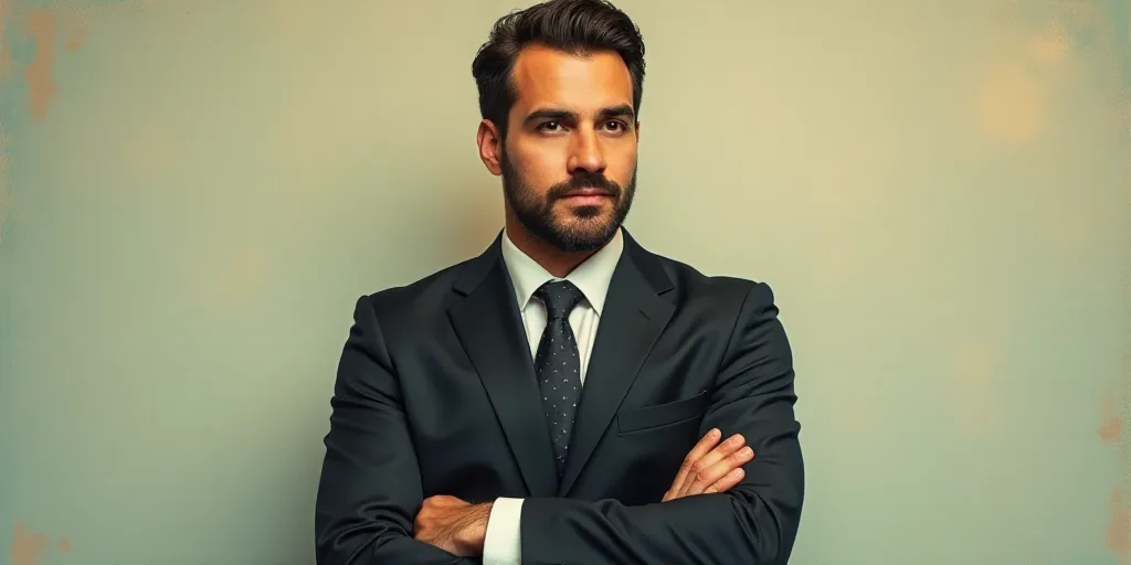 a man in a suit and tie standing with his arms crossed in front of him, with the caption of a photo