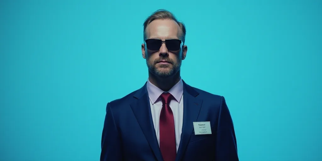a man in a suit and tie standing in front of a blue background with a name tag for a business, Edwar