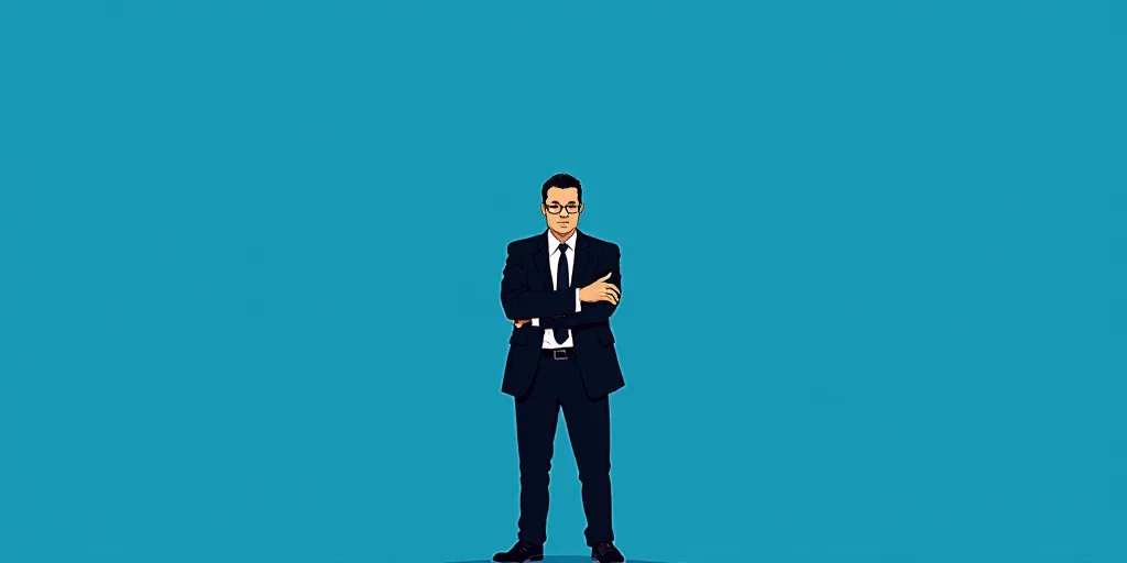 a man in a suit and tie standing with his arms crossed in front of him, with a blue background, Carl
