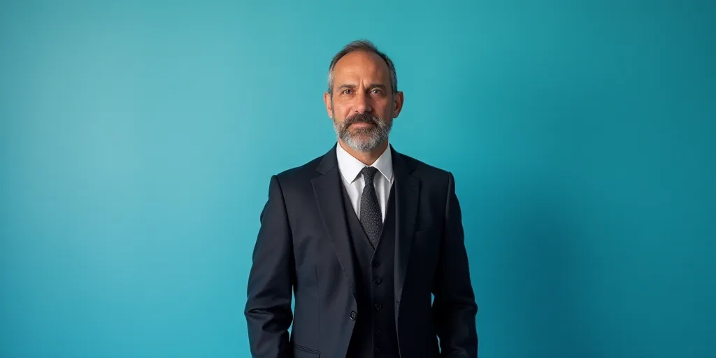 a man in a suit and tie standing in front of a blue background with a black and white photo, Alejand