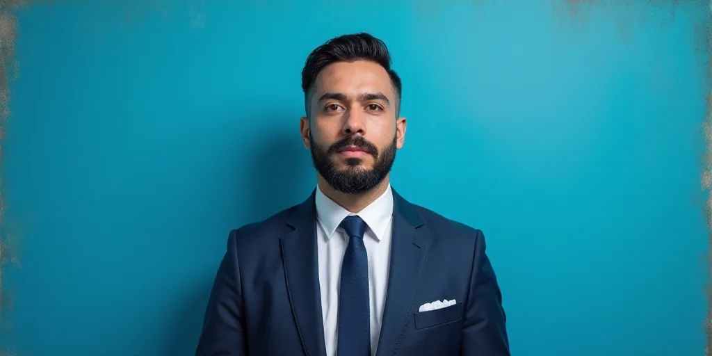 a man in a suit and tie standing in front of a blue background with a caption that reads, louis migu