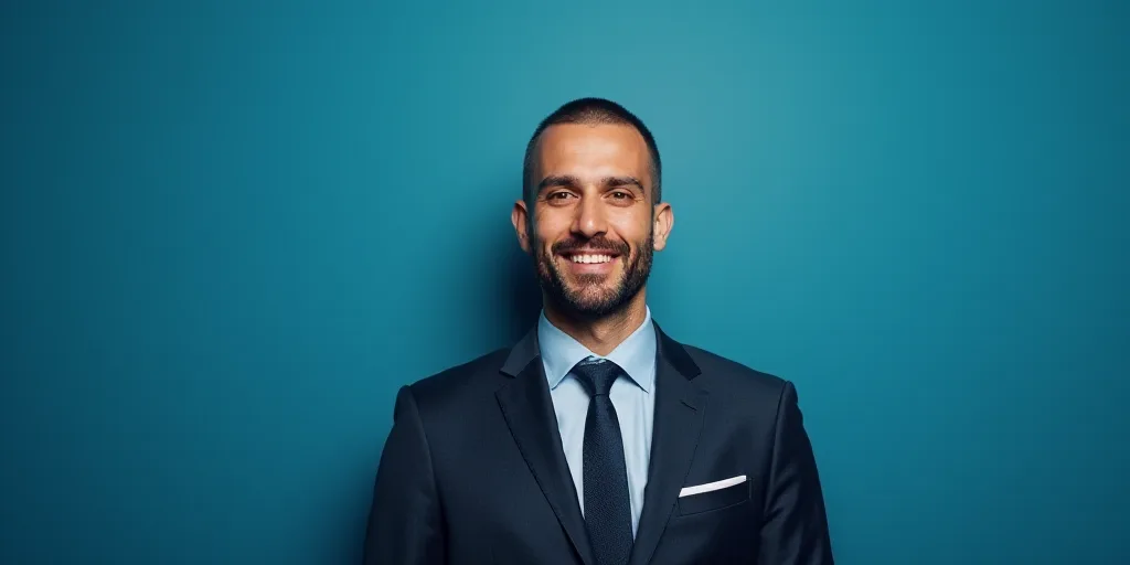 a man in a suit and tie standing in front of a blue background with a caption that reads demeterio s