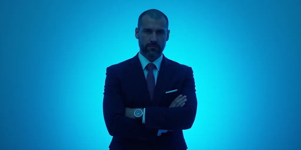 a man in a suit and tie standing with his arms crossed in front of him with a blue background, Estua