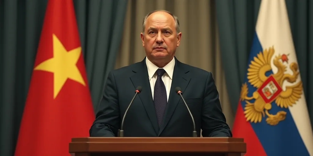 a man in a suit and tie standing at a podium in front of two flags and a microphone in front of him,