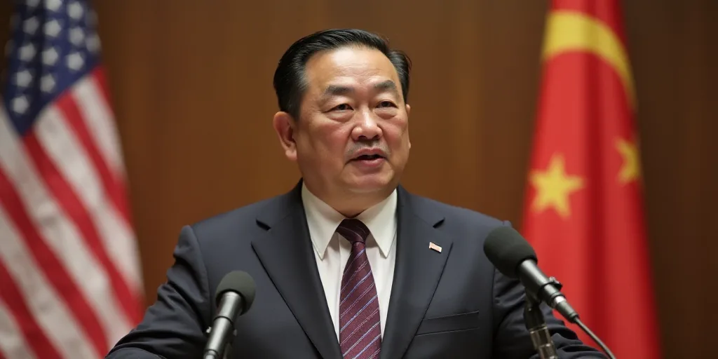 a man in a suit and tie standing at a podium with microphones in front of him and a flag behind him,