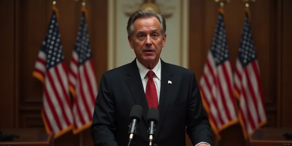 a man in a suit and tie standing in front of american flags and microphones in a room with a podium,