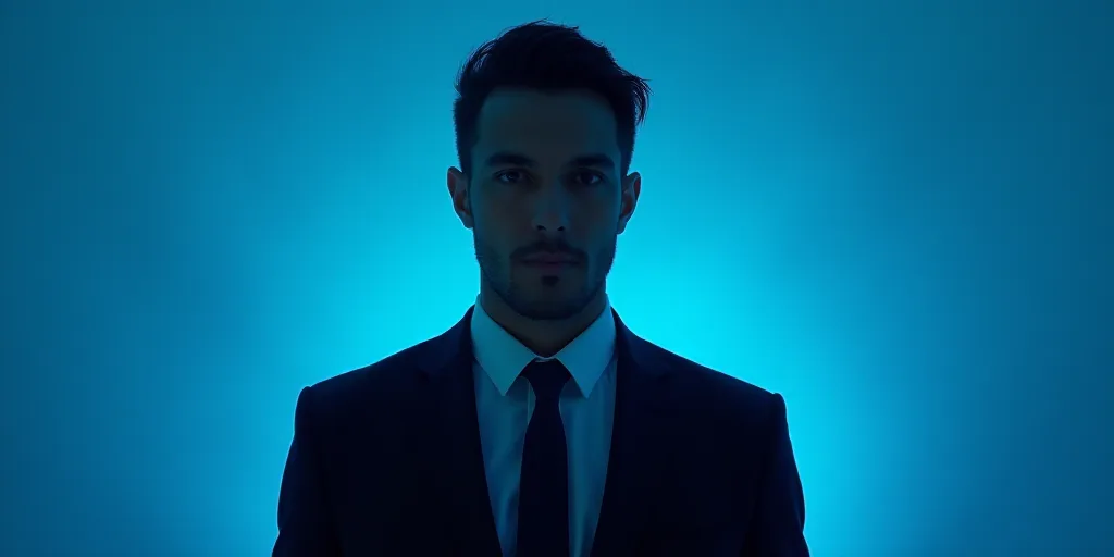 a man in a suit and tie standing in front of a blue background with a caption that reads miguel gonz