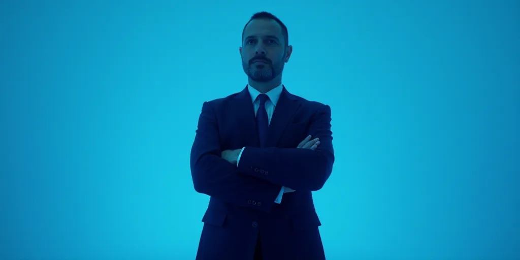 a man in a suit and tie standing with his arms crossed in front of him with a blue background, Estua