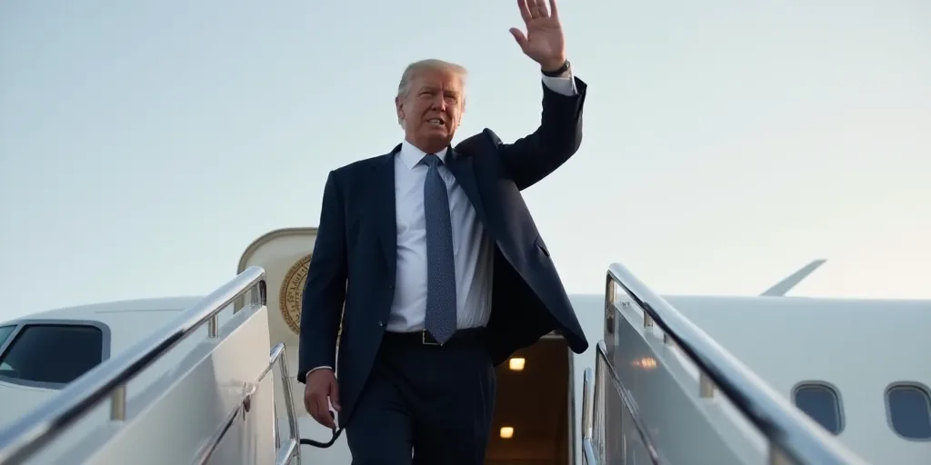 a man in a suit and tie standing on a plane steps and waving at the camera with his fist up, Donald