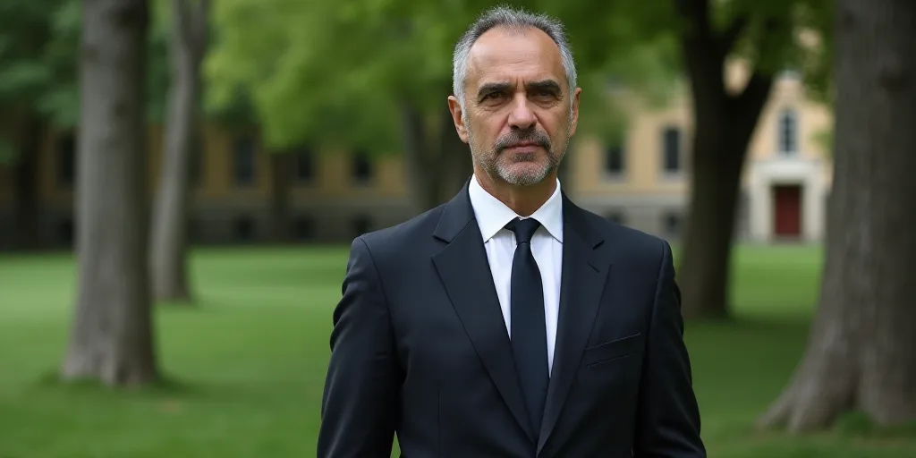 a man in a suit and tie standing in front of a tree and building with a green background and a blurr
